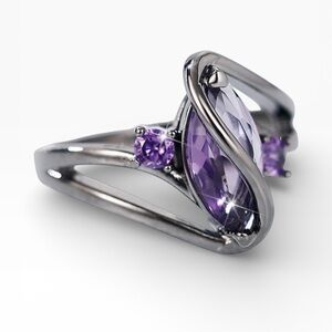 Marquise Cut Amethyst Gemstone Crystal Ring in Black Gold • Size 6.5